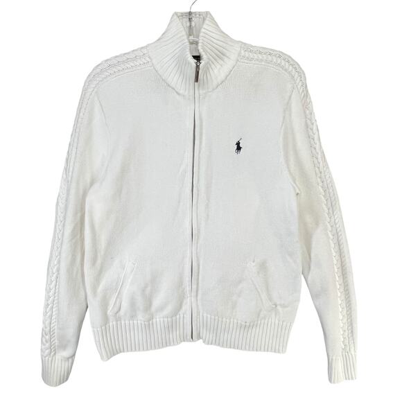Ralph Lauren Sport Cardigan Sweater Women L White Full Zip Classic Preppy Logo - Picture 1 of 14